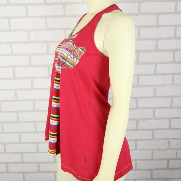 FARM Red Stripe Owl Embroidery Butterfly Racer Back Tank Top Womens M Red READ - Picture 2 of 16